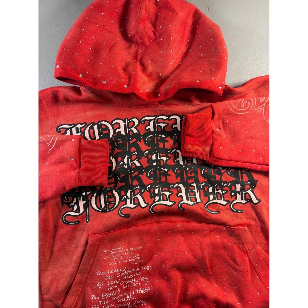 Glo Forever Hoodie Mens Large Red Rhinestone Graphic Streetwear Pullover Sweatsh